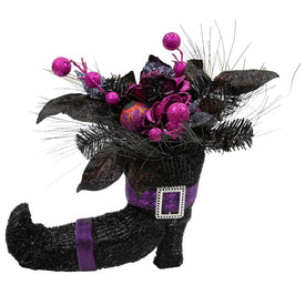 12" Black Witch's Boot with Purple Glittered Roses Halloween Decoration