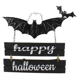 17" Black Bat and Happy Halloween Metal Hanging Sign Wall Decor