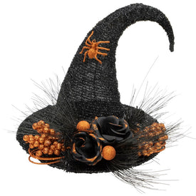 16" Black Tinsel Witch's Hat with Orange Glittered Roses Halloween Decoration