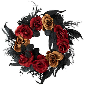 22" Unlit Red and Gold Roses with Black Foliage Halloween Wreath