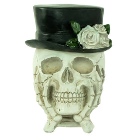 9" Skull with Top Hat and Roses Halloween Decoration