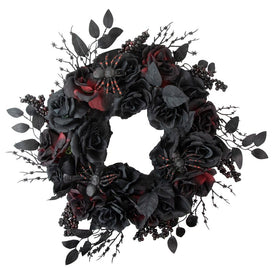 24" Unlit Burgundy and Black Roses with Spiders Halloween Wreath