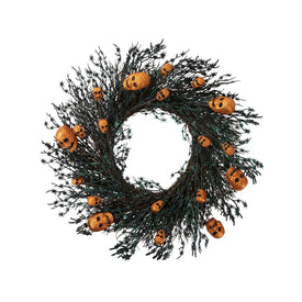 22" Unlit Black and Orange Skulls and Spiders Halloween Twig Wreath