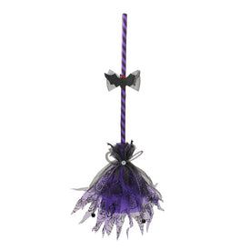 29" Purple and Black Striped Animated Witch's Halloween Broom with Bat Accents