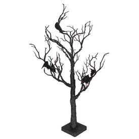26.5" LED Lighted Black Glittered Tabletop Halloween Tree with Bats and Orange Lights
