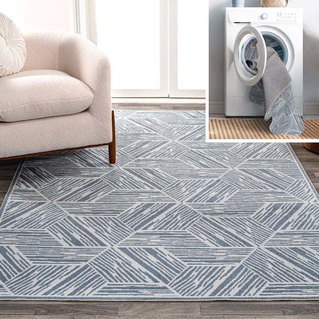 Vector Geometric Machine-Washable 5' x 8' Area Rug - Blue/Cream ...