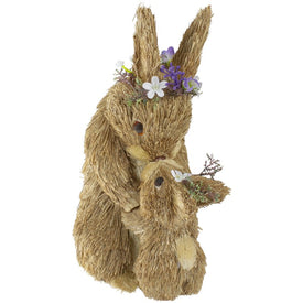 12" Brown Sisal Mommy and Baby Bunny Easter Figure
