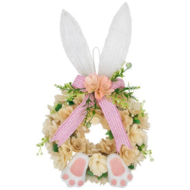 18" Wooden Floral Artificial Easter Wreath with Rabbit Ears and Paws