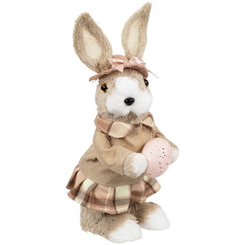 12" Girl Easter Rabbit Figurine with Plaid Dress - Beige