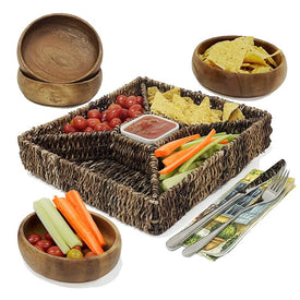 Five-Piece Square Woven Abaca Chip & Dip Serving Set with Acacia Wood Bowls
