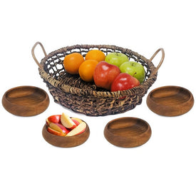 Five-Piece Round Woven Bancuan Tray Serving Set with Acacia Wood Bowls