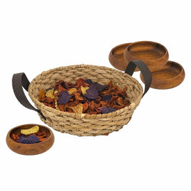 Five-Piece Round Woven Tray and Wood Bowl Serving Set