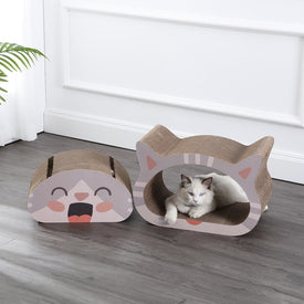 Opal Modern Cardboard Happy Cat Head Two-in-1 Cat Cave Scratcher with Built-In Bell Toys and Catnip