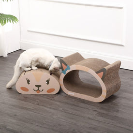 Opal Modern Cardboard Happy Cat Head Two-in-1 Cat Cave Scratcher with Built-In Bell Toys and Catnip