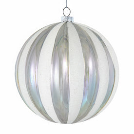 100MM Iridescent and Glittered Clear White Stripe Plastic Ball Ornament
