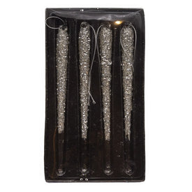 7" Glass Icicle with Silver Glitter Ornaments, Set of 4