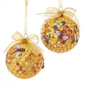 3.1" Gold Honeycomb and Bee Glass Ornaments, Set of 2