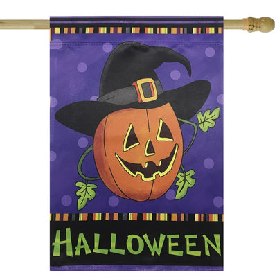 Product Image: 28" x 40" Happy Halloween Pumpkin In A Witch Hat Outdoor House Flag