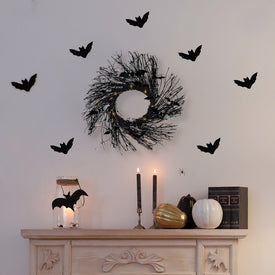 22" Black Halloween Twig Wreath with Bats and Warm White Lights