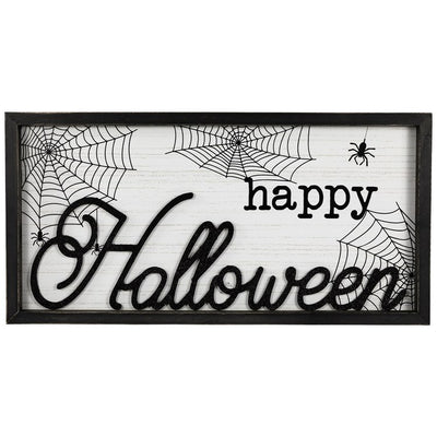 Product Image: 23.5" Rectangular Framed "Happy Halloween" Spider Web Wall Sign