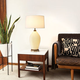 Table Lamp Bone Porcelain Herve Saintonge with Nightlight 1 Lamp Weathered Brass/Bone White Linen Steel/Wood