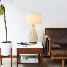 Table Lamp Bone Porcelain Herve Saintonge with Nightlight 1 Lamp Bone/Weathered Brass White Linen Steel/Wood