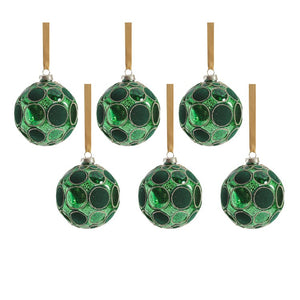 Christmas Ornament Gleaming Serenity Polka Dot 4 Inch Green Glass 6PC