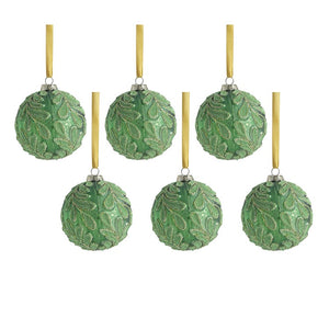 Christmas Ornament Phyllon Beaded Leaf 4 Inch Green Glass 6PC
