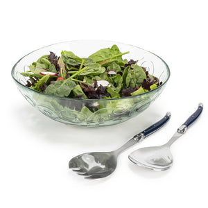 Salad Set Laguiole Clear/Navy Acrylic/Recycled Glass/Stainless Steel 3PC Includes Salad Bowl Fork and Spoon Servers