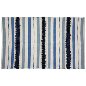 3.5' x 2.25' Blue Cream and Black Striped Handloom Woven Outdoor Accent Throw Rug