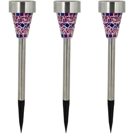 15.5" Purple Mosaic Stained Glass Solar Powered LED Pathway Markers Set of 3