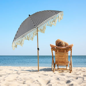 6.5' Striped Outdoor Beach Market Umbrella with Tilt - Black/White