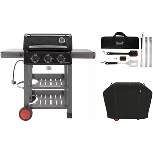 Grill Cookout Propane with 2 Side and 2 Bottom Shelves Cover and 12 Piece Tool Set Gray/Black 3 Burner
