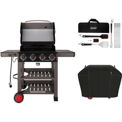 Product Image: Grill Cookout Propane with Side Burner Side Shelf and 2 Bottom Shelves Cover and 12 Piece Tool Set Stainless Steel/Gray 4 Burner