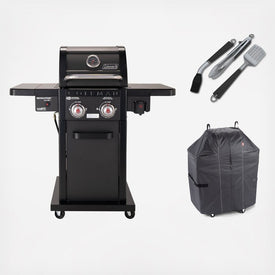 Grill Revolution Propane with 2 Side Shelves Cover and 3 Piece Tool Set Gray 2 Burner