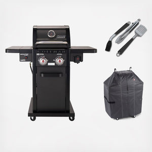 Grill Revolution Propane with 2 Side Shelves Cover and 3 Piece Tool Set Gray 2 Burner