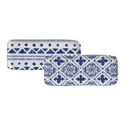 Product Image: Platter Set Maya 2 Design Medium Rectangular 4 Piece Ivory/Dark Blue Stoneware