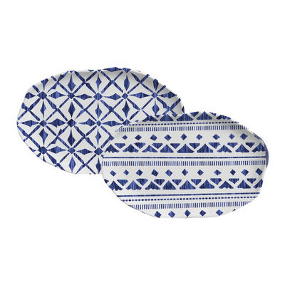 Product Image: Platter Set Maya 2 Design Medium Shallow Oval 4 Piece Ivory/Dark Blue Stoneware