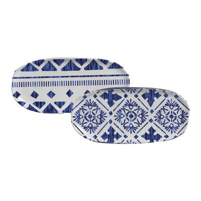 Product Image: Platter Set Maya 2 Design Medium Shallow Oval 4 Piece Ivory/Dark Blue Stoneware