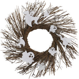 Artificial Wreath Battery Operated Twig with LED Lights and Spooky Ghosts 20 Inch Brown Plastic Halloween