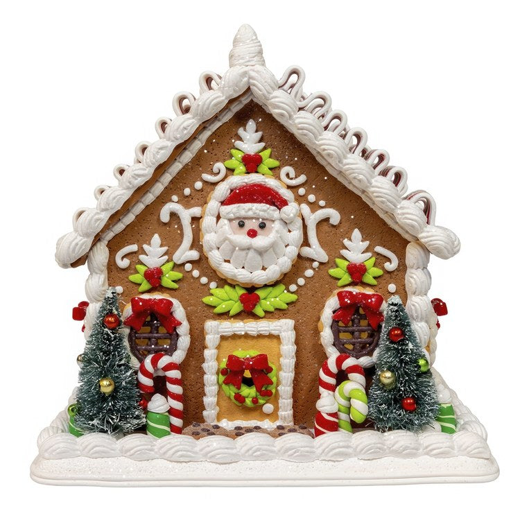 9" Battery Operated Gingerbread House With Santa and Ribbon Candy Roof