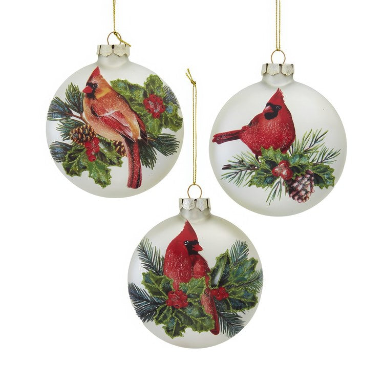 100MM Glass Cardinal With Holly Berry Flat Ball Ornaments