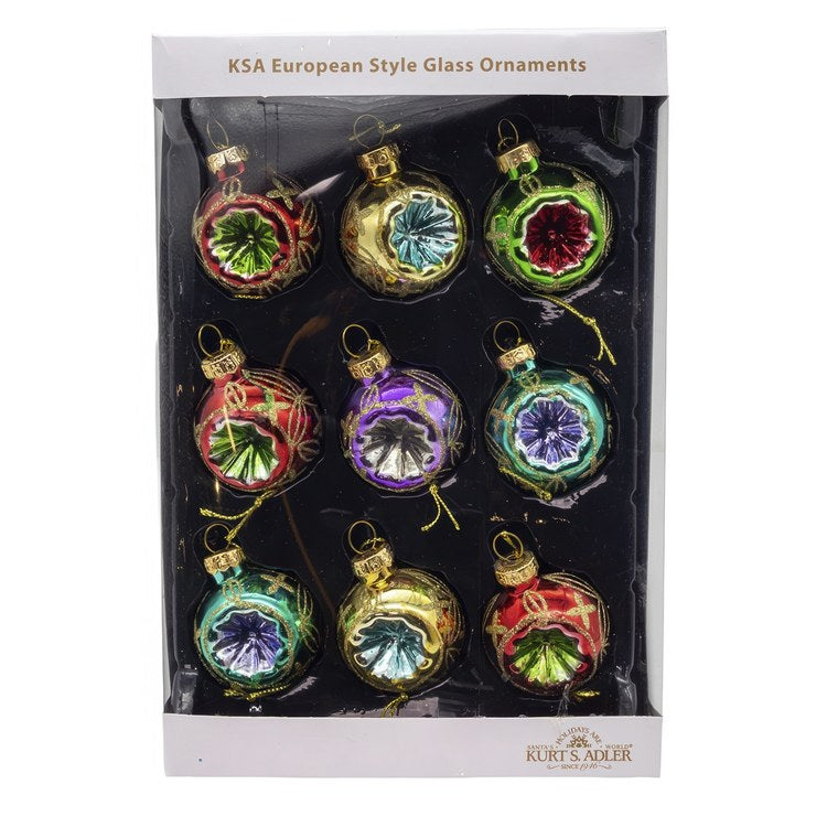 45MM Miniature Multicolored Glass Reflector Christmas Ornaments, 9-Piece Boxed Set