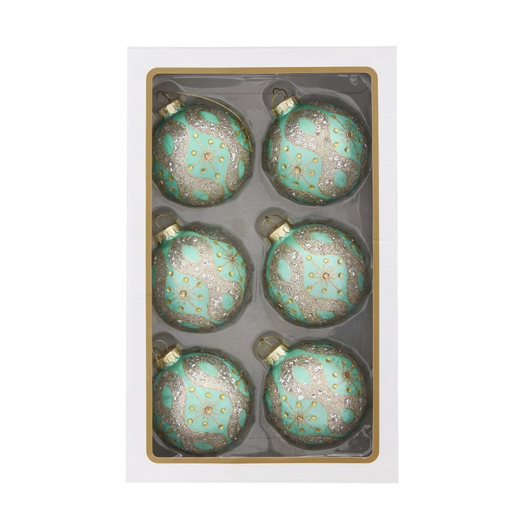 80MM Glass Teal and Blue Glass Ornaments, 6-Piece Box
