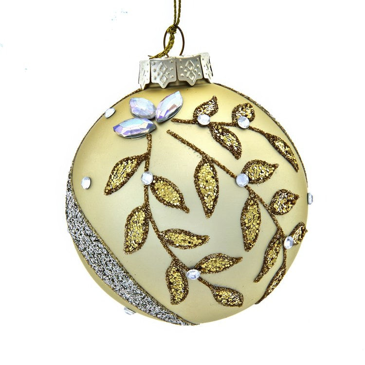80MM Glass Gold Leaf with Jewels and Glitter Ball Ornaments, 6-Piece Box