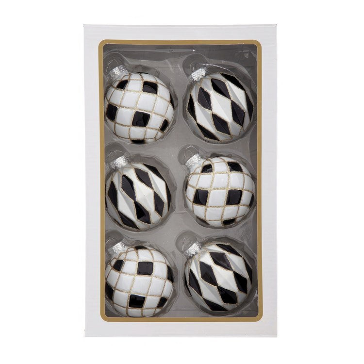 80MM Glass Black, White and Gold Checkered Ball Ornaments, 6-Piece Box
