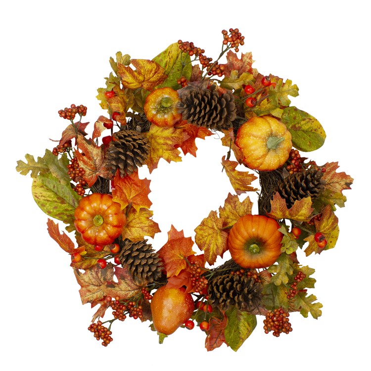 Artificial Wreath Pumpkins Pinecones and Berries 24 Inch