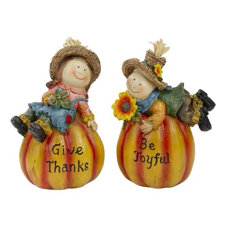 Seasonal Decor Girl and Boy Scarecrows on Pumpkins
