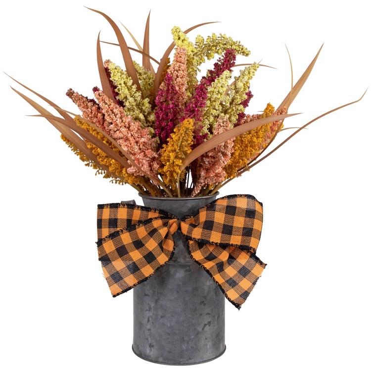 Seasonal Decor Foliage in Canister with Checkered Bow