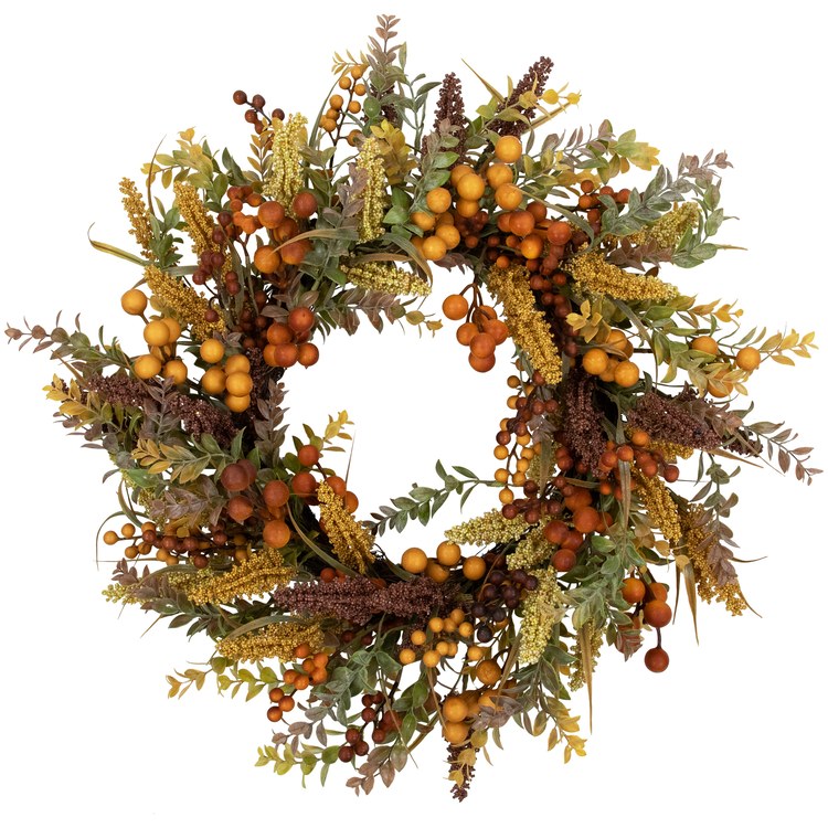 Artificial Wreath Real Touch Mixed Foliage and Berries 24 Inch Fall